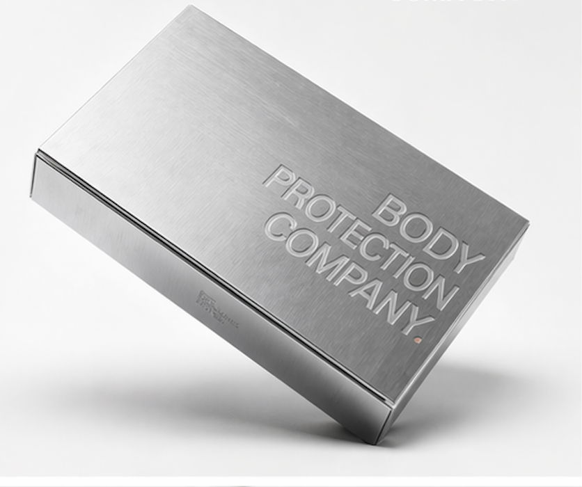 Body Protection Company brushed aluminum product box