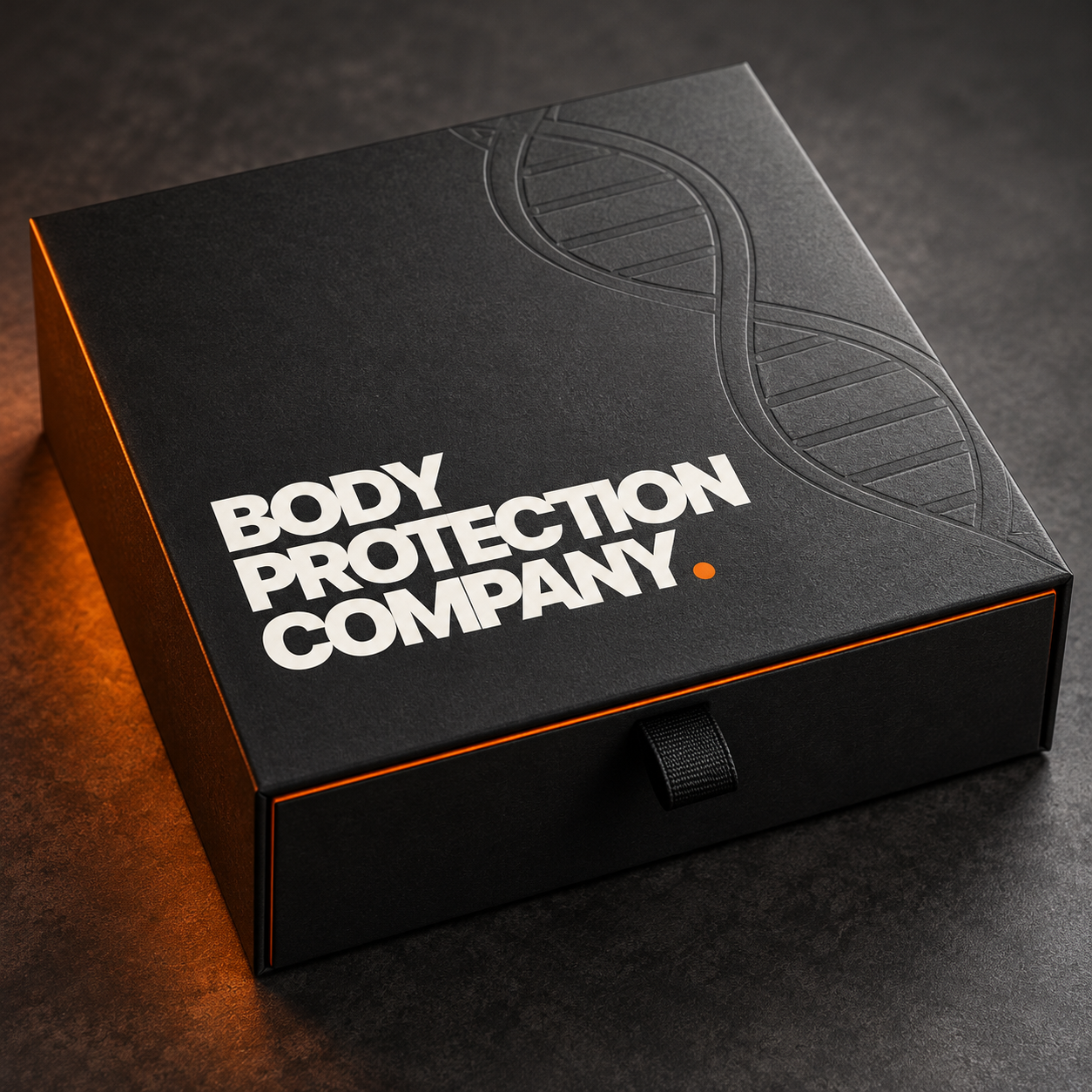 Body Protection Company packaging concept: textured black presentation box with orange detailing and debossed DNA artwork